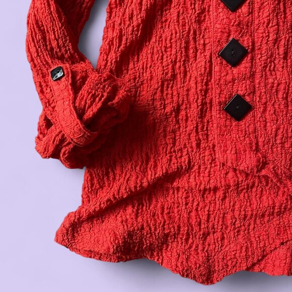 Vintage Red Textured Tunic Top Ali Miles L Asym Hem Oversized Button Boho Artsy - Picture 3 of 6